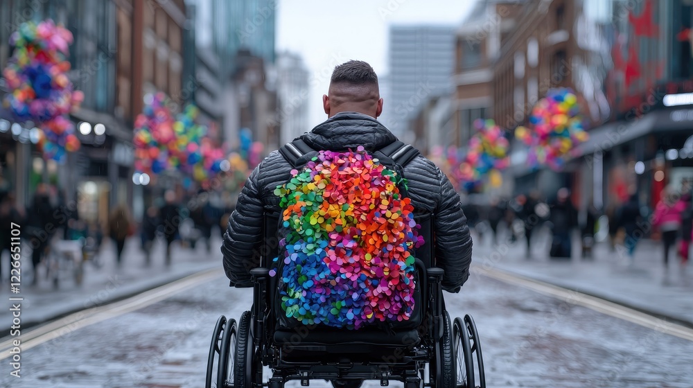 Obraz premium Man in a wheelchair with a colorful rainbow flower backpack navigates a busy city street during a festive celebration.