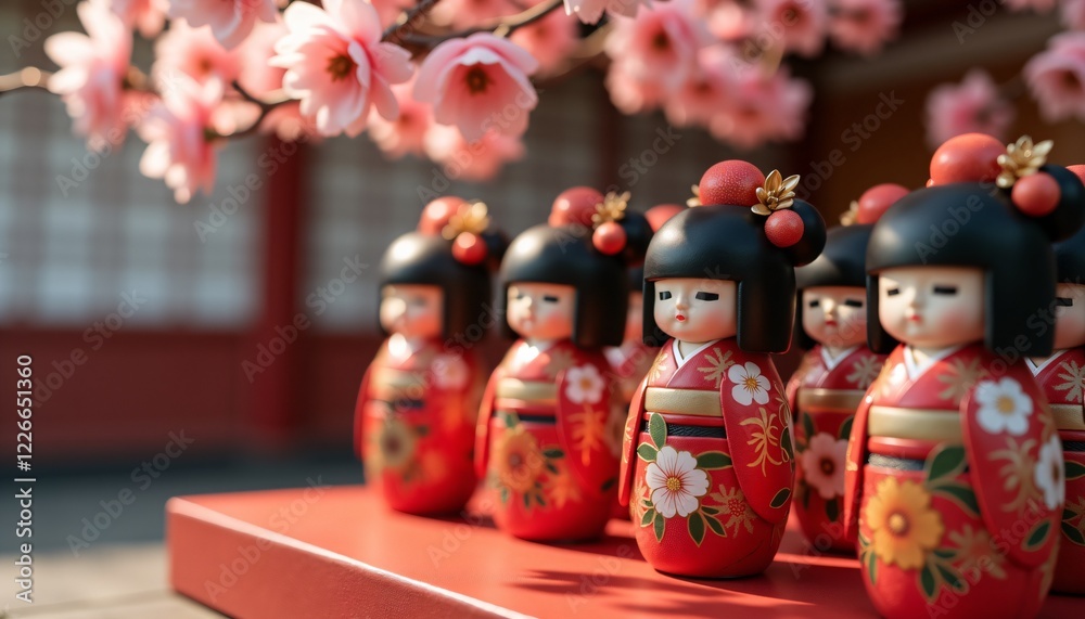 Traditional Japanese Kokeshi dolls in red kimono with cherry blossoms. Traditional Japanese Kokeshi dolls in red kimono with cherry blossoms.