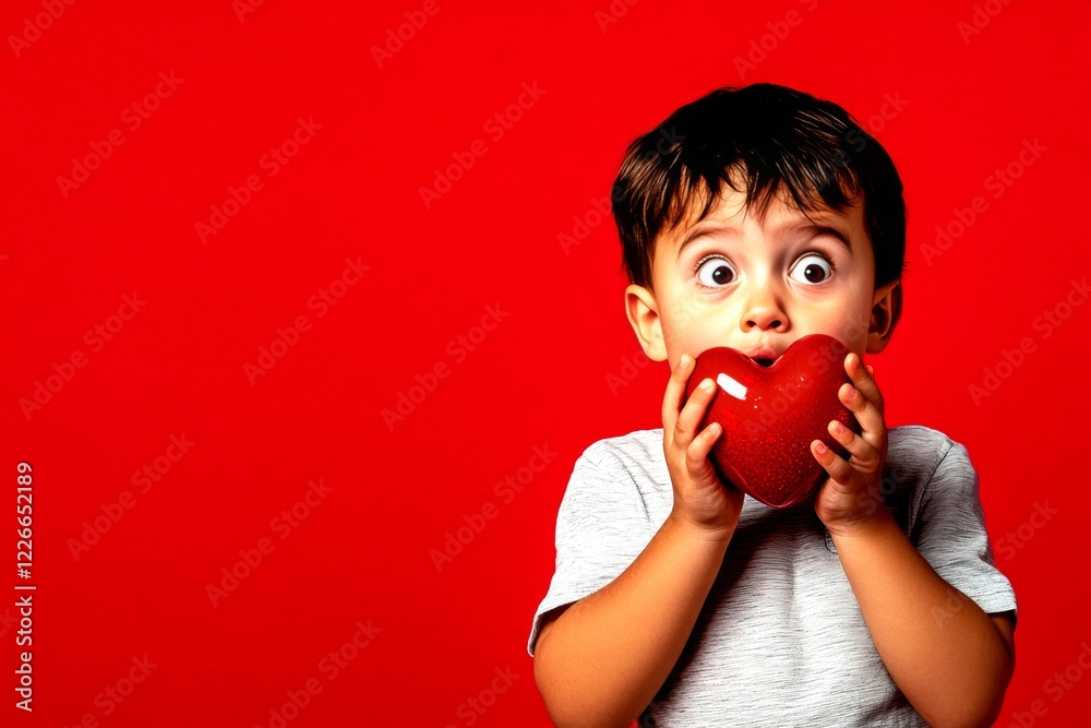 Commercial ad campaign concept art. Sign of love. Сhildren valentine's day greeting card: toddler boy with astonished face holds red heart in hands. Advertising valentine's images. Commercial ad campaign concept art. Sign of love. Сhildren valentine's day greeting card: toddler boy with astonished face holds red heart in hands. Advertising valentine's images.