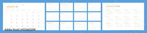 2026 Calendar template design. Week starts on Sunday office calendar. Desktop 2026 planner in minimalism clean style. Corporate classic simple calendar. English vector calendar layout.