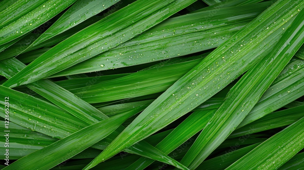 Fototapeta premium Close up of green grass blades with water droplets reflecting light in a natural outdoor setting