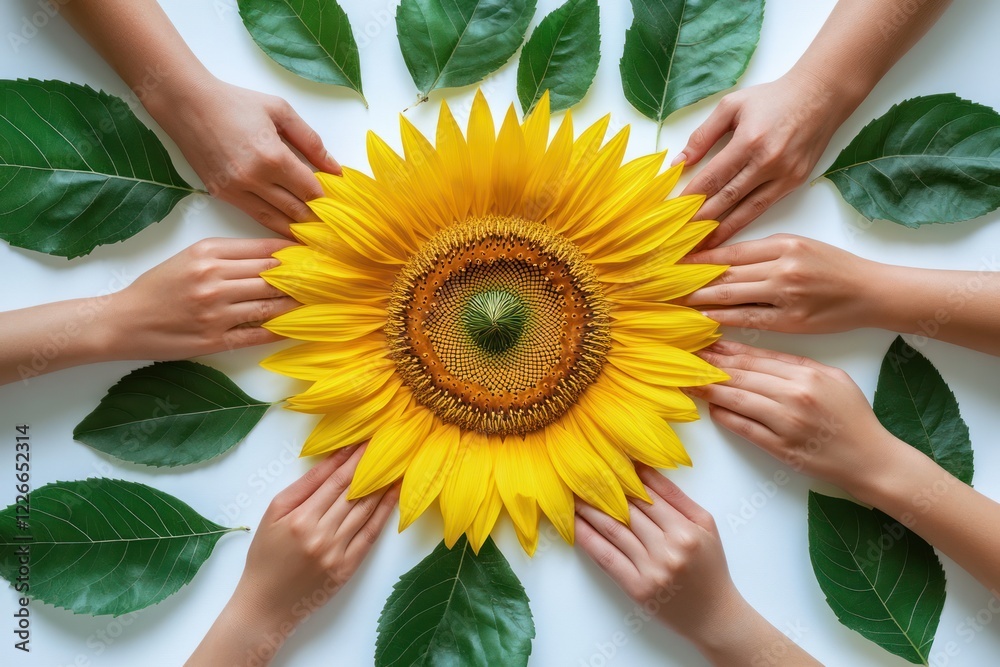 Obraz premium Hands around sunflower, leaves, white background; environmental protection
