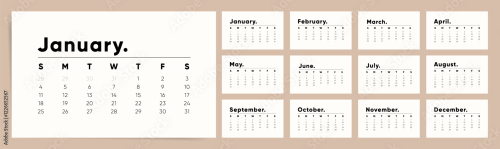 Calendar Template for 2026 year. Week starts on Sunday. Simple minimal classic style. Work or business calendar. 2026 calendar in minimalist style. English vector calendar for 2026 year. Calendar Template for 2026 year. Week starts on Sunday. Simple minimal classic style. Work or business calendar. 2026 calendar in minimalist style. English vector calendar for 2026 year.
