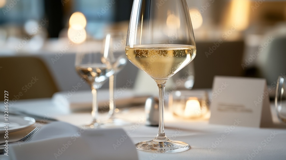 Elegant Dining Setting with Glass of White Wine and Soft Lighting Elegant Dining Setting with Glass of White Wine and Soft Lighting