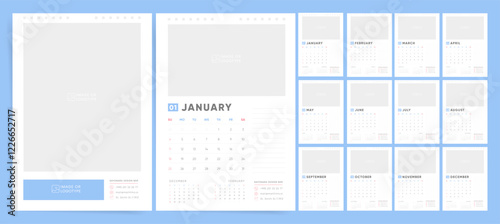 Calendar template for 2026 year. Week starts on Sunday. Wall planner with photo image. Corporate or business calendar. 2026 calendar in minimal business style for. English vector calendar.