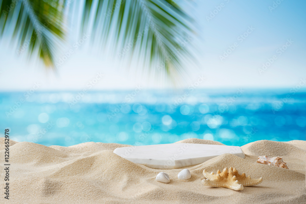 Tropical sand beach with marble podium for summer product display on blurred sea horizon background Tropical sand beach with marble podium for summer product display on blurred sea horizon background