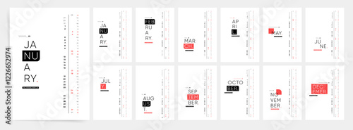 Wall Monthly Modern Calendar 2026. Simple monthly Creative Calendar Layout for 2026 year in English. 2026 Calendar Pages Templates , 12 Months, Week starts from Sunday. Vector illustration
