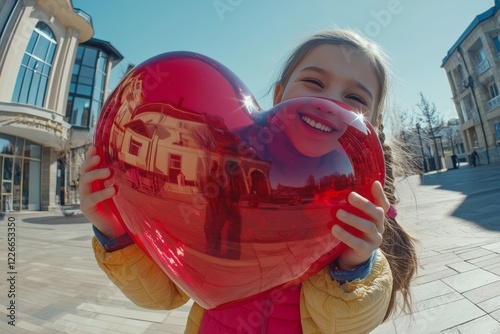 Sign of love. Ð¡hildren valentine's day greeting card: child girl with soft smile face holds red heart in hands. Commercial promotion creative. Family valentine's day picture. Love and kids. photo