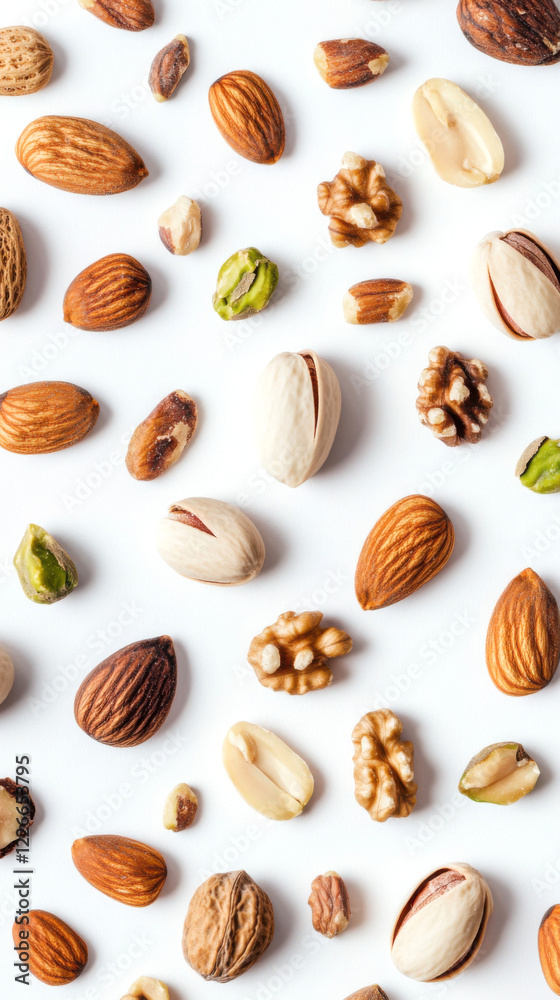 Diverse assortment of nuts including almonds, walnuts, and pistachios arranged on a white background Diverse assortment of nuts including almonds, walnuts, and pistachios arranged on a white background