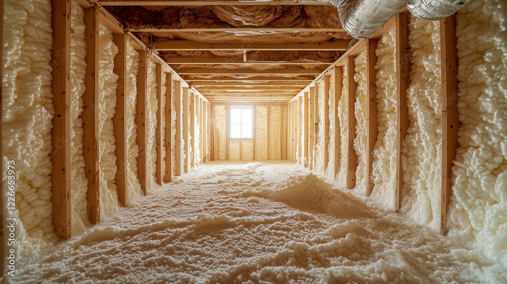 A well-organized crawl space with foam board insulation on the walls, a durable vapor barrier on the ground, and neatly arranged piping. The space is clean, dry, and warmly lit. A well-organized crawl space with foam board insulation on the walls, a durable vapor barrier on the ground, and neatly arranged piping. The space is clean, dry, and warmly lit.
