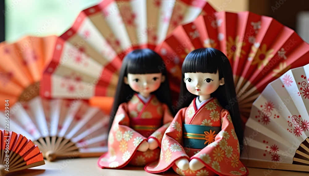 Elegant Japanese dolls in traditional kimono with decorative fans. Elegant Japanese dolls in traditional kimono with decorative fans.