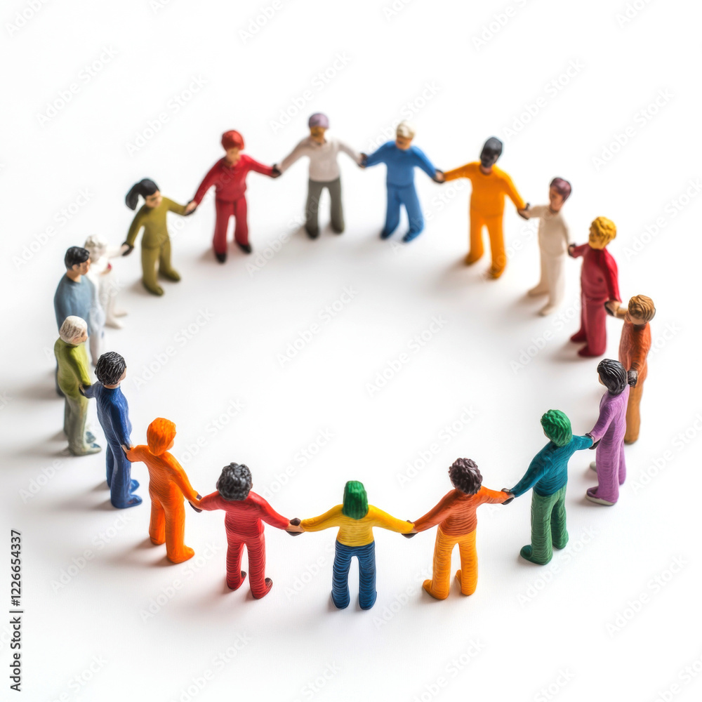 Colorful figures join hands in a circle symbolizing unity and community engagement in a creative setting Colorful figures join hands in a circle symbolizing unity and community engagement in a creative setting