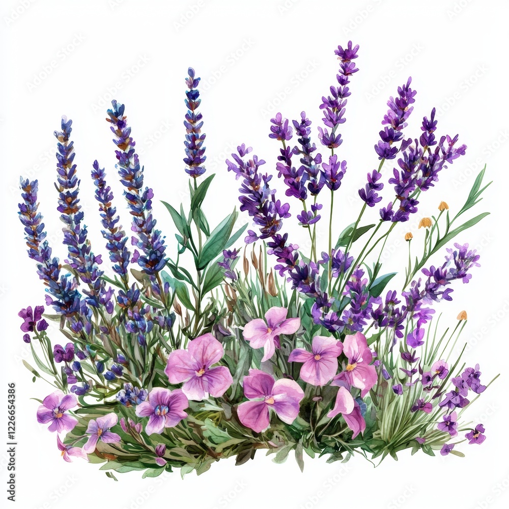 Obraz premium Beautiful Arrangement of Lavender Flowers and Delicate Pink Blooms in a Vibrant Floral Composition