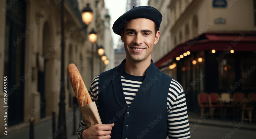 Young caucasian male enjoying parisian street with fresh baguette in classic beret attire