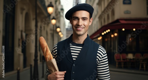 Young caucasian male enjoying parisian street with fresh baguette in classic beret attire