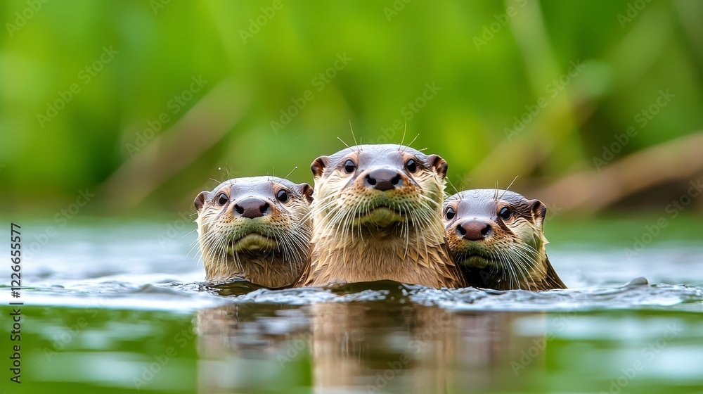 Three Adorable Otters Emerging From the Water Three Adorable Otters Emerging From the Water