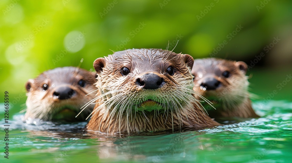 Three Adorable Otters Swimming in a Calm Green Pond Three Adorable Otters Swimming in a Calm Green Pond