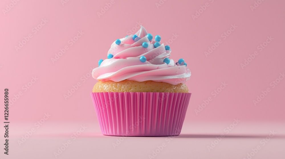 A pink cupcake with blue sprinkles on top. The cupcake is sitting on a pink background