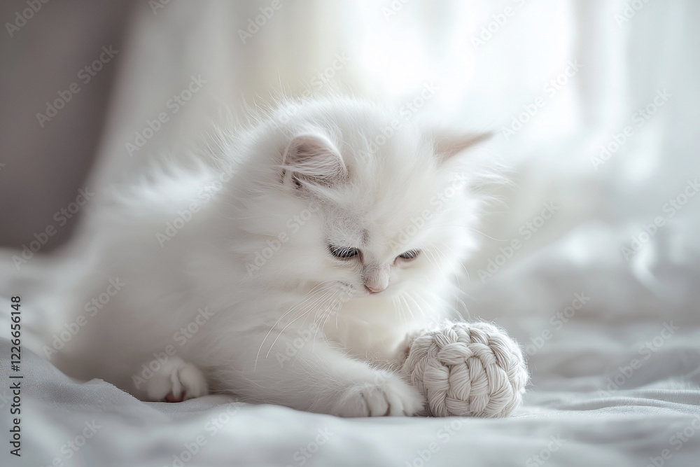 Obraz premium Adorable fluffy white kitten playing with a textured yarn ball on a soft bed, sunlight streaming in