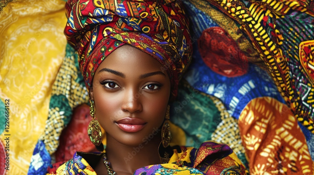 Fototapeta premium Vibrant African Woman in Colorful Headwrap with Stunning Jewelry