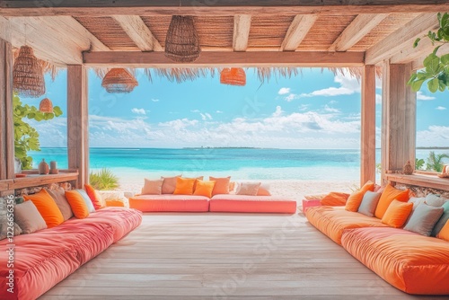 Tropical beach resort lounge; ocean view; relaxation; paradise