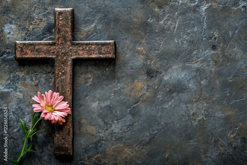 metal cross on dark stone background with pink flower and copy space photo