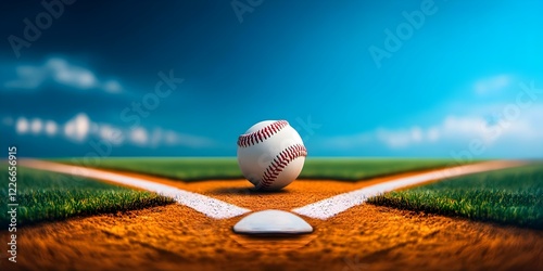 A baseball positioned at home plate on a baseball diamond with a clear blue sky in the background. Concept Baseball Diamond, Home Plate, Clear Blue Sky, Sports Photography, Outdoor Scene photo