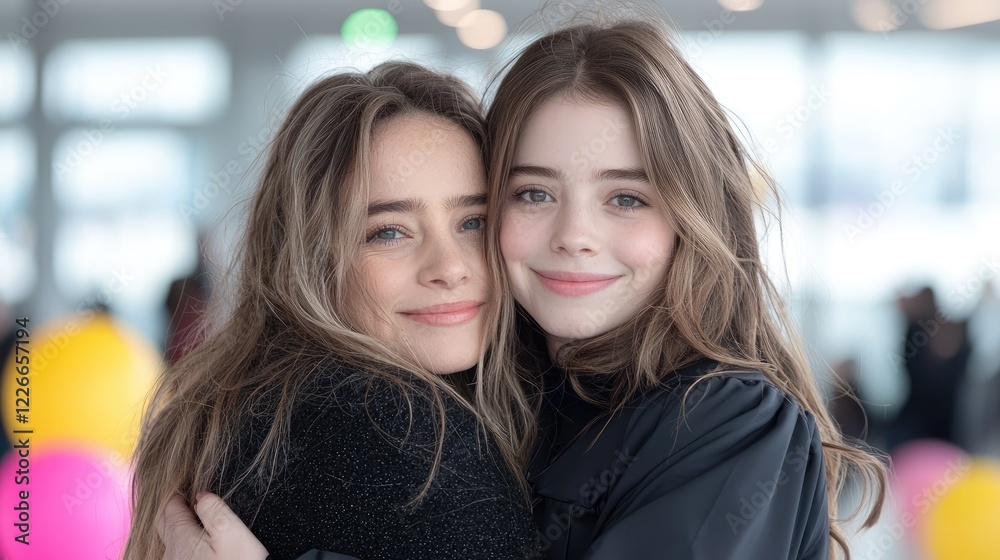 Two girls hugging, airport terminal, blurry background, travel Two girls hugging, airport terminal, blurry background, travel