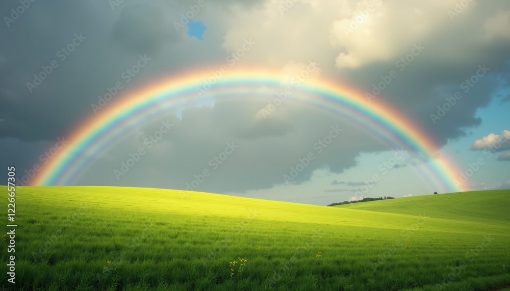 Vibrant rainbow over a lush green field under a cloudy sky. Vibrant rainbow over a lush green field under a cloudy sky.