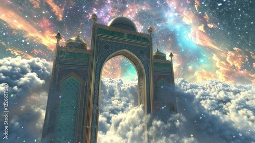 Celestial Gate Awaits Above Heavenly Clouds with Intricate Arabic Calligraphy Against a Colorful Cosmic Sky