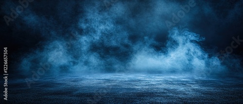 Dark blue smoke effect with a textured floor creates a mysterious and dramatic atmosphere