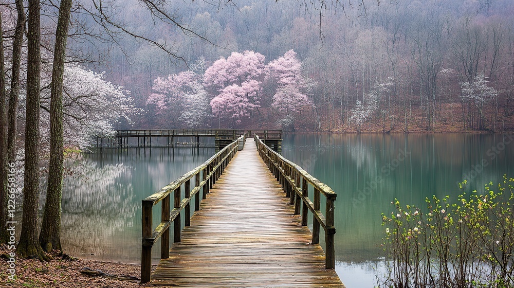Obraz premium Misty lake pier, spring blossoms, tranquil woods, peaceful scene, travel