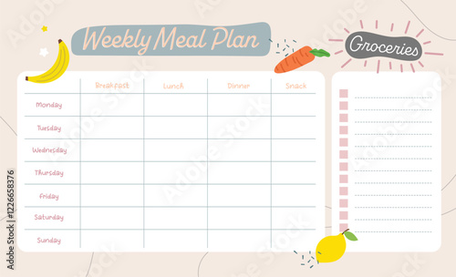 flat design colorful fun food vector monthly weekly meal budget plan, ready to print 