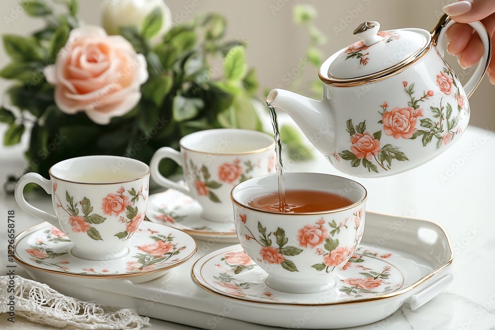 Elegant tea service with floral porcelain cups and teapot, set in a serene garden backdrop Elegant tea service with floral porcelain cups and teapot, set in a serene garden backdrop