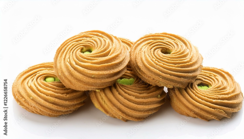 The image shows four cookies with green frosting arranged in a semi-circle on a white surface. The frosting on the cookies is piped in a swirled pattern, giving them a decorative appearance. The image shows four cookies with green frosting arranged in a semi-circle on a white surface. The frosting on the cookies is piped in a swirled pattern, giving them a decorative appearance.