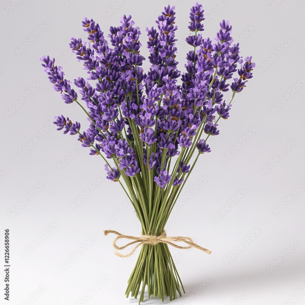Fototapeta premium Lavender bouquet tied with twine on white background delicate purple flower stems natural light