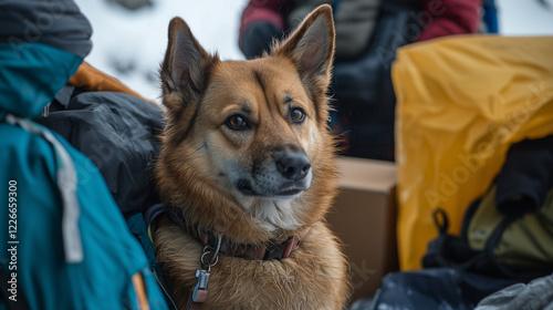 A family preparing for the move, with a curious dog sitting among packed boxes. Family members organize the last items, showing affection and care for their pet during the transition to a new home.
 photo