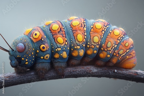 Vibrant Close-Up of Colorful Caterpillar in Nature Surrounded by Greenery and Detailing Its Unique Attributes photo