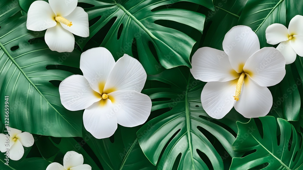 A vibrant arrangement of white flowers and green leaves, creating a tropical aesthetic.