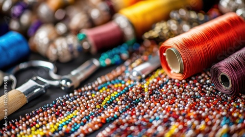 Scene of a beadwork setup. Featuring beads, thread, and tools. Highlighting the artistry of beadwork. Ideal for DIY and craft blogs. photo