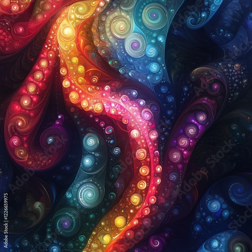 Colorful Abstract Swirls with Vibrant Spiral Designs in Dark Backdrop photo