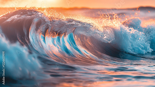 Stunning Ocean Wave Sunset Teal Blue Water Nature Photography sea sky surf aqua beach light color    photo