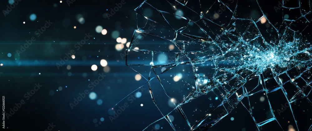 Obraz premium Shattered glass, broken mirror texture, close-up, dark blue background
