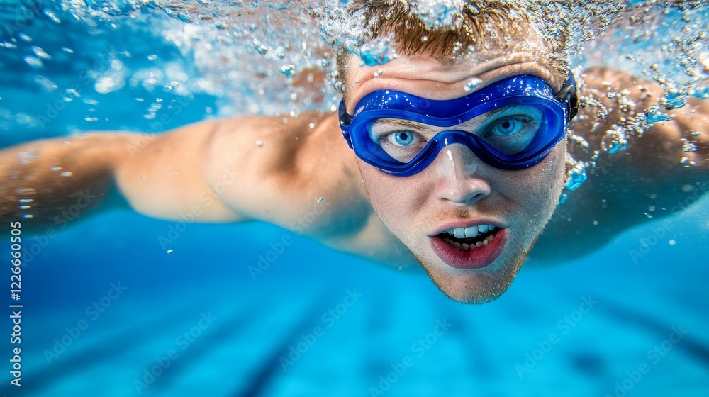 Naklejka premium Underwater portrait of a swimmer with goggles, showcasing determination in a pool setting