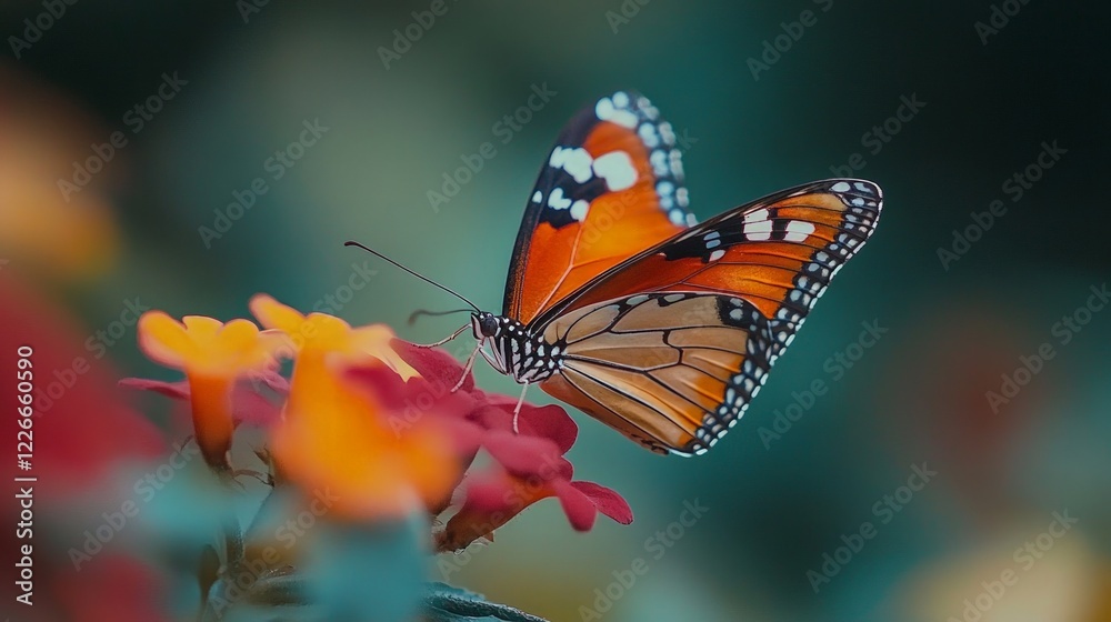Fototapeta premium Vibrant Monarch Butterfly Perched on Colorful Flower Blooms