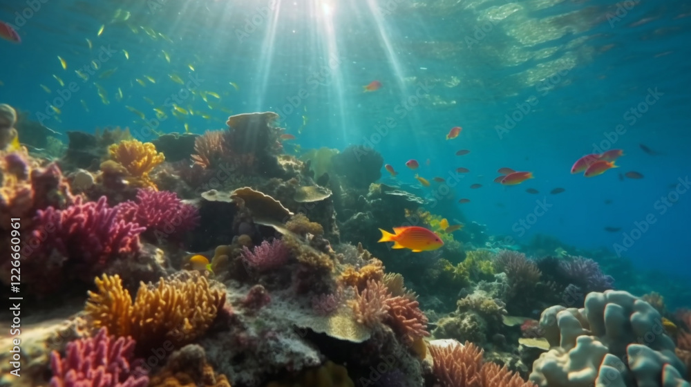 Fototapeta premium Vibrant Coral Reef Underwater Scene Colorful Fish Tropical Ocean Aquatic Life Sunbeams Nature 