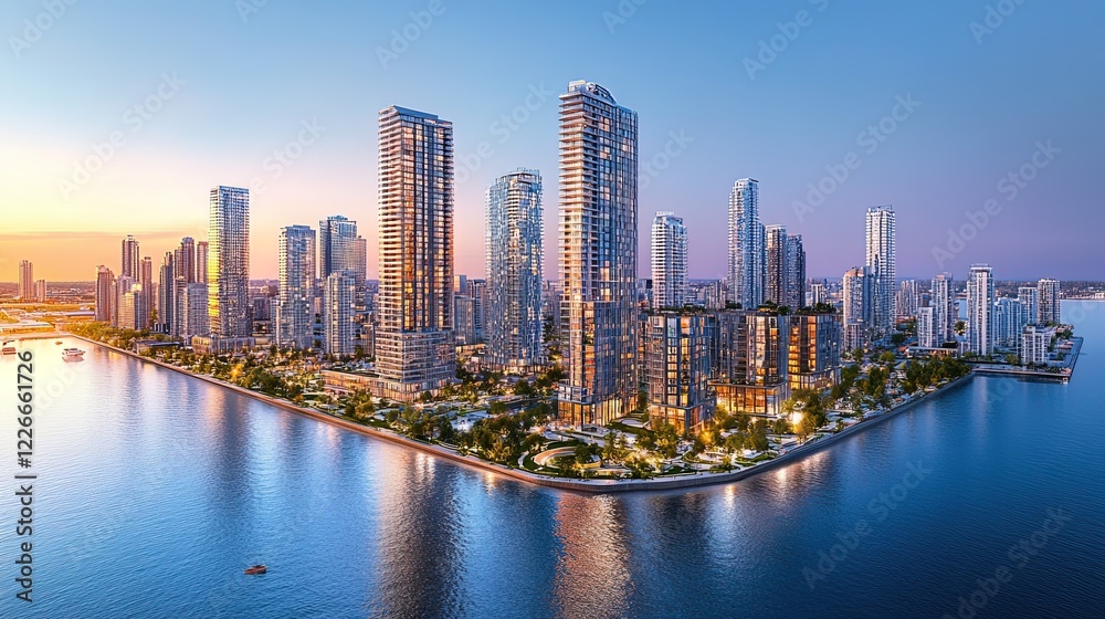 Fototapeta premium A wide shot of a waterfront development project, showcasing residential buildings, parks, and public spaces being constructed 