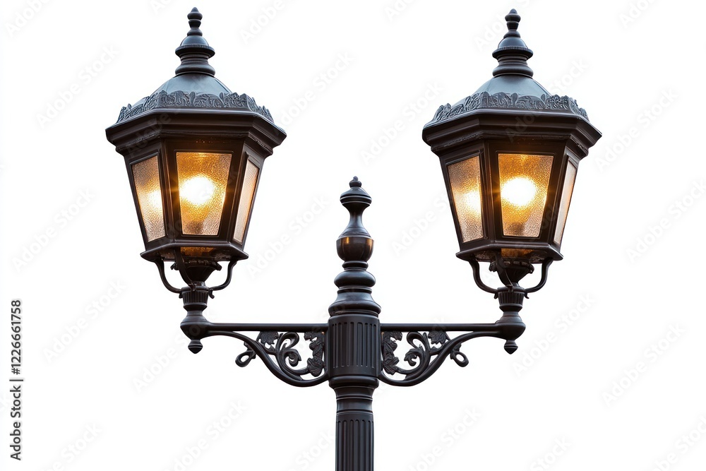 Illuminated double lamppost, city street, night, isolated Illuminated double lamppost, city street, night, isolated
