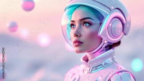 Futuristic female explorer in glowing space suit, surrounded by pulsating spheres