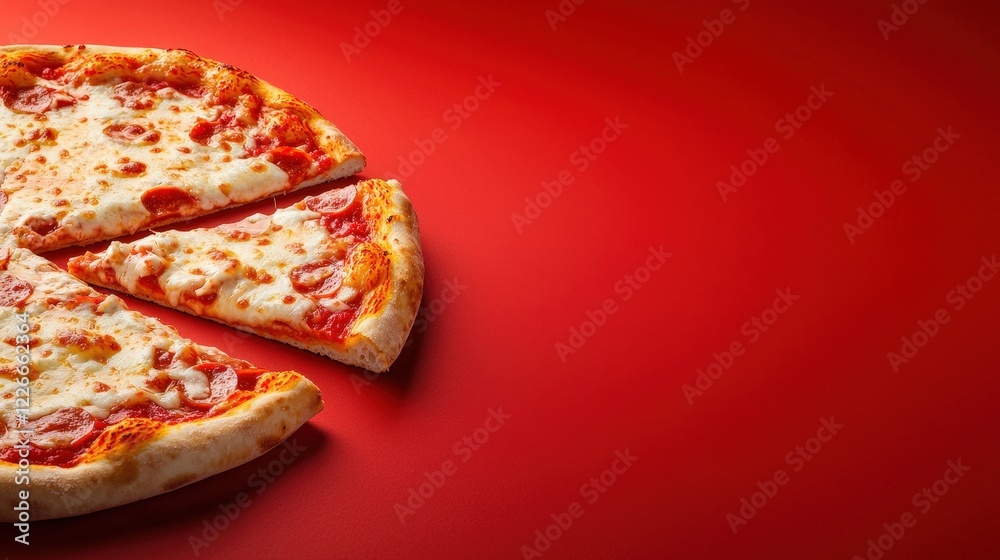 Pizza with a slice removed on a promotional flyer for a pizzeria showcasing its menu and offerings Pizza with a slice removed on a promotional flyer for a pizzeria showcasing its menu and offerings